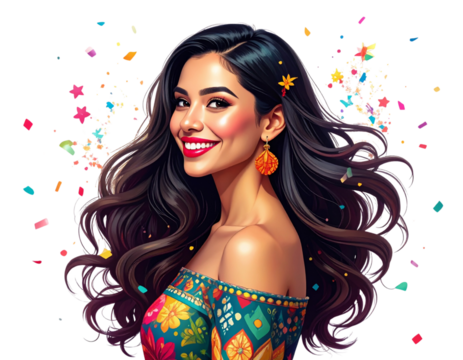 Cheerful Young Woman in Festive Patterned Outfit