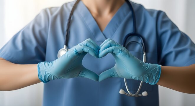 Doctor making heart shape with hands in blue scrubs
