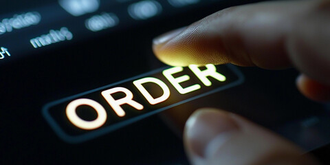 Finger presses glowing order button on screen Generative AI