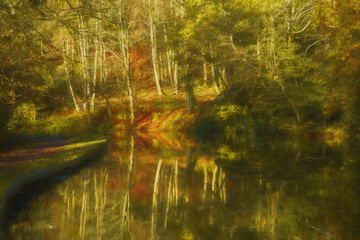Digital oil painting capturing autumn tree and leaf colours along the Leek branch of the Caldon canal in Staffordshire.