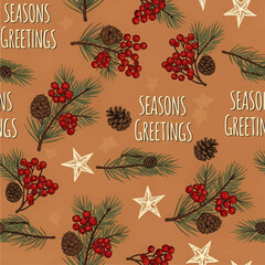 Festive Christmas-themed pattern featuring pine branches, red berries, pinecones, and star ornaments with text.