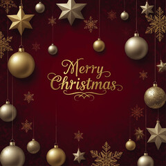 Festive Christmas background featuring gold ornaments, stars, and snowflakes hanging against a deep red backdrop with "Merry Christmas" text.
