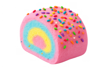 Rainbow colored cake roll with pink frosting and colorful sprinkles, adding bright, fun, and sweet dessert charm