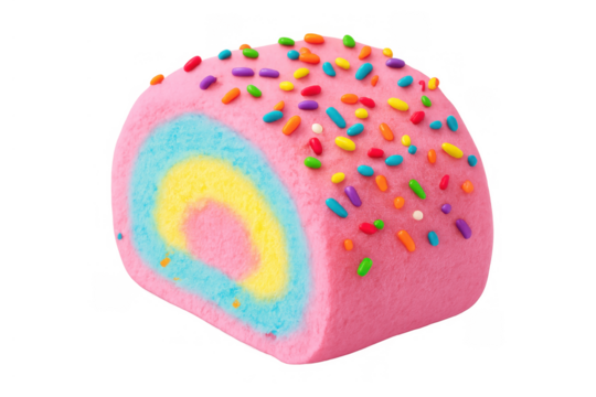 Rainbow colored cake roll with pink frosting and colorful sprinkles, adding bright, fun, and sweet dessert charm