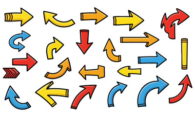 Collection of Colorful Hand Drawn Arrows Pointing in Different Directions on White Background