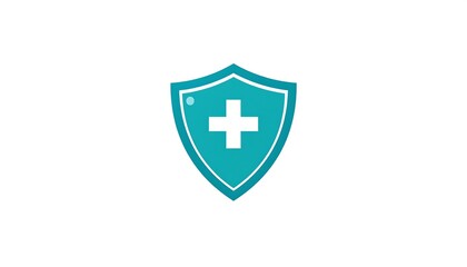 Obraz premium Shield icon with a white plus sign on a turquoise background, centered against a white canvas for safety and security
