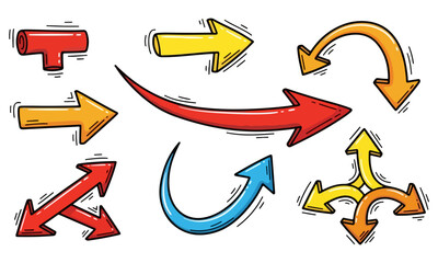 Colorful Hand Drawn Arrows Collection Pointing Different Directions on White Background