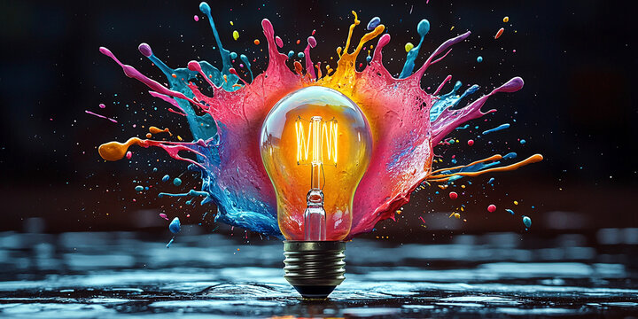 Colorful paint splashes around a bright light bulb Generative AI