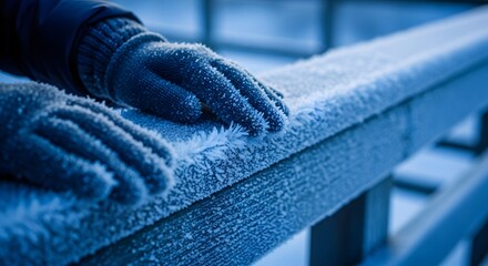 Close-up of frost crystals on a wooden railing with gloved hands brushing them away, cold blue light — no faces.
