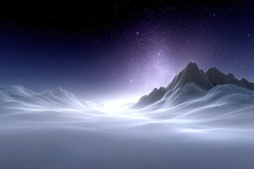 Celestial Peaks: An ethereal landscape of snow-capped mountains and a starry sky, illuminated by a celestial glow.