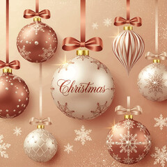 Elegant Christmas ornaments with ribbons and snowflakes against a subtle, warm background, celebrating the holiday.