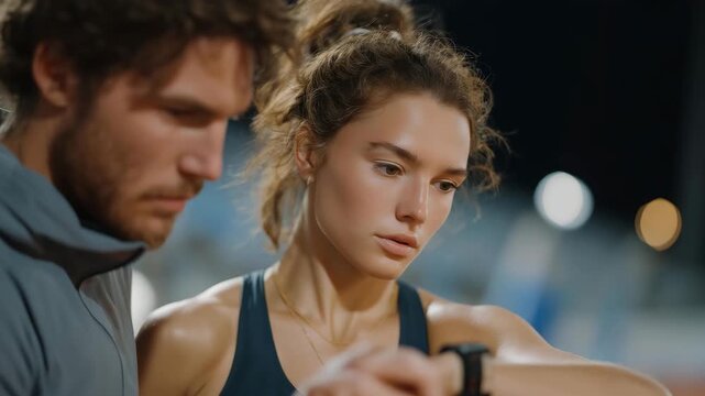 A coach timing a runner with a stopwatch, symbolizing precision, measurable progress, and structured athletic preparation. cinematic color correction, natural uneven lighting yet gentle backlight,