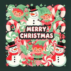 A festive Christmas illustration featuring snowmen, elves, candy canes, and peppermint swirls arranged around the text "Merry Christmas" on a dark green background.