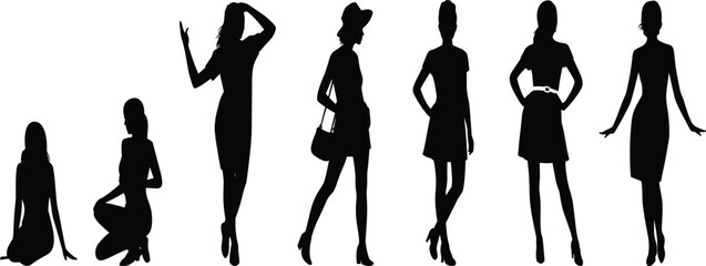 Collection of elegant black vector silhouettes of fashion women posing, standing and sitting models, isolated female figures on white background