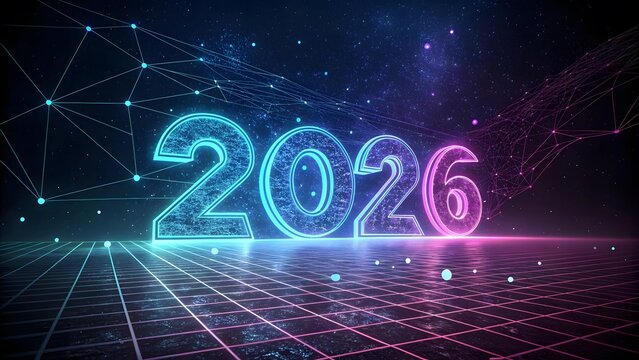Glowing 2026 numbers on a futuristic grid with starry background Keywords: 2026, year, future, futuristic, grid, digital, technology, neon
