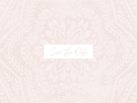 A light pink patterned background with the text "Save the Date" in a white rectangle in the center. The background features a detailed floral design.