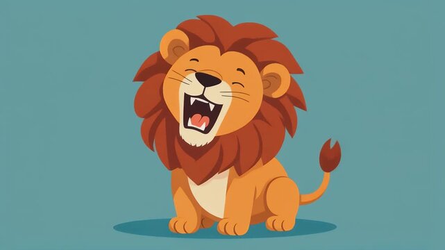 A cheerful cartoon lion cub with a big smile and open mouth, sitting against a solid teal background.