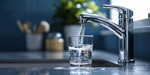 Modern kitchen faucet pouring clear water into glass Generative AI