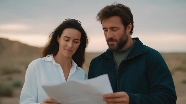 A family couple examining a vacant land lot with architectural plans in hand, representing decision-making, investment, and the dream of building a private home. cinematic color correction, natural