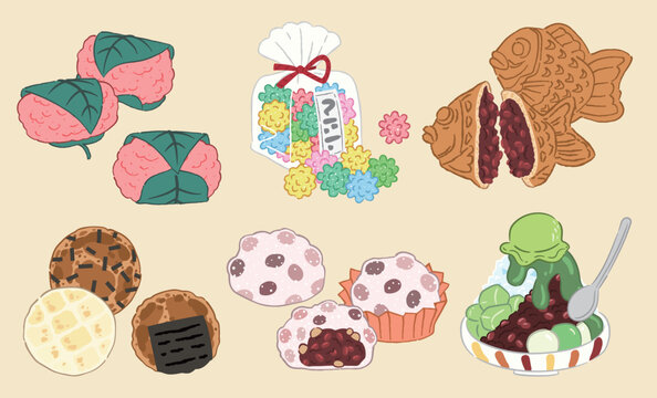 Japanese wagashi sweets collection illustration