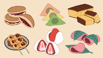 Japanese wagashi sweets collection illustration set