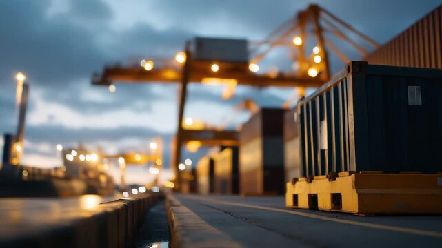 A freight terminal near a seaport where containers are transferred between train and ship, symbolizing multimodal logistics and international commerce. cinematic color correction, natural uneven