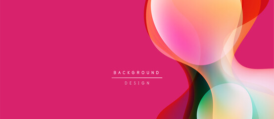Abstract background features overlapping colorful shapes. Pink dominates, with orange, green, blue accents. Modern design elements present.