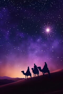 Epiphany three kings day celebration with majestic night sky and shining star. Vertical banner. Copy space. Star of Bethlehem, or Christmas Star