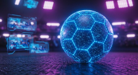 A futuristic soccer ball illuminated with neon blue light rests on a dark surface with purple accents