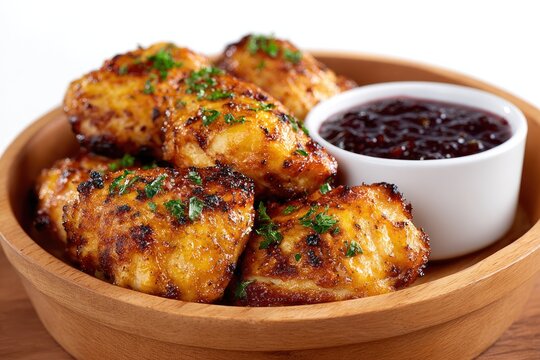 Golden Chicken Delight: A close-up shot of golden, crispy chicken pieces with an accompanying savory sauce, artfully arranged on a wooden plate, evoking feelings of comfort and culinary satisfaction.