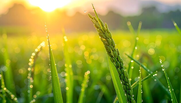 Lush, green paddy field at sunrise with dew drops clinging to the plants, blurring into a soft, golden background - Powered by Adobe