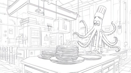 Fototapeta premium Animated line art of a chef octopus in a commercial kitchen preparing a stack of pancakes