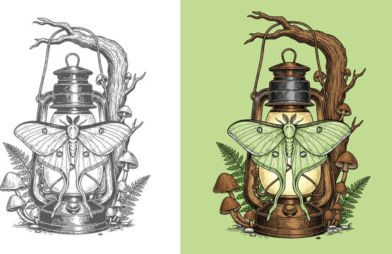 Luna Moth and Lantern Forest Engraving Graphic