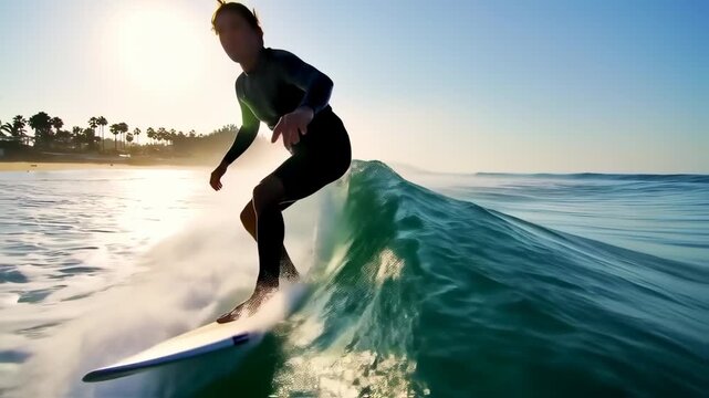A surfer carves on a wave, backlit by a bright sun. Palm trees and beach in the distance