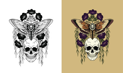 Death's Head Moth and Skull with Flowers Engraving Graphic