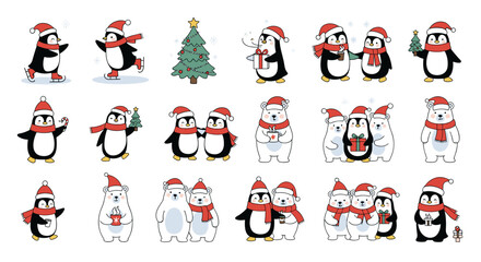 Fototapeta premium Illustrations of penguins, polar bears, and christmas tree in winter