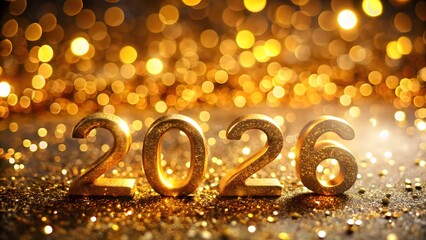 Golden 2026 numbers with sparkling bokeh lights and glitter new year celebration