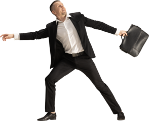 Businessman throwing briefcase with dramatic emotional gesture on transparent background. Concept of stress visuals, deadline pressure, dynamic business storytelling and expressive corporate scenes.