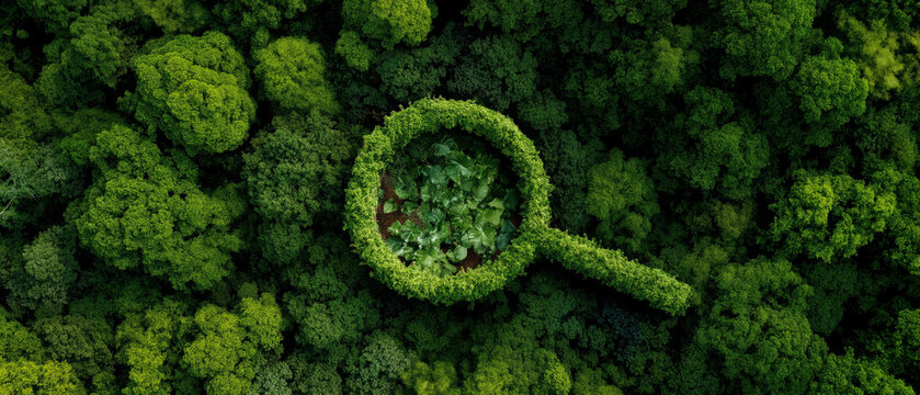 Aerial view magnifying glass in green forest. Environmental protection and research, Eco-friendly conservation, Discovery and sustainability for nature. Panoramic bg