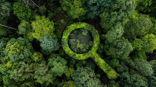 Aerial view magnifying glass in green forest. Environmental protection and research, Eco-friendly conservation, Discovery and sustainability for nature.  - Powered by Adobe