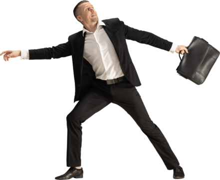 Businessman throwing briefcase with dramatic emotional gesture on transparent background. Concept of stress visuals, deadline pressure, dynamic business storytelling and expressive corporate scenes.