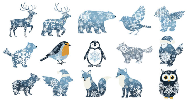 Illustration of winter animals with snowflake patterns on a white background