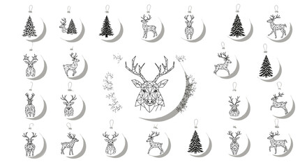 Collection of christmas ornaments featuring geometric deer and trees design
