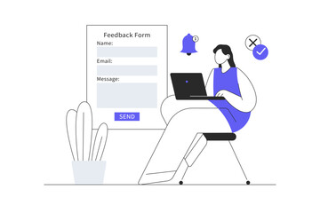 Feedback page concept. Woman giving review and filling webpage form with client experience. Flat Cartoon Vector Illustration, icon Stylish abstract design landing page web