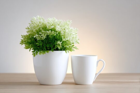 Serene Morning: A pristine white mug sits beside a vibrant potted plant on a wooden surface, embodying the simplicity and tranquility of a calm morning. - Powered by Adobe