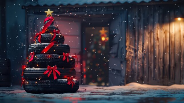 Creative christmas tree design using stacked car tires with red decorations for festive holiday display. Horizontal banner. Copy space. Free space for text