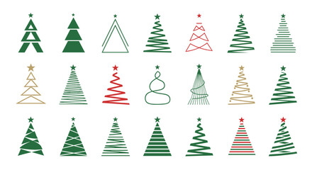 Collection of abstract christmas trees with stars on a white background