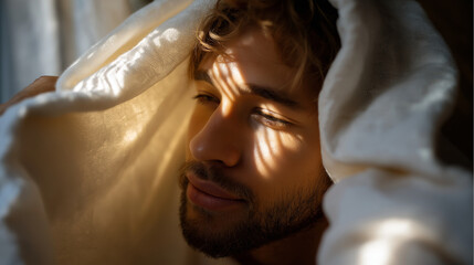 Sunlight piercing through curtains, man squinting with blanket over head, pillow fortress vibe, minimal room, with copy space