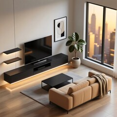 High-Angle View of a Minimalist Luxury Living Room with a Beige Sofa, Black TV Console, and City Sunset View