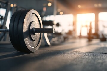 Weightlifting equipment in a gym focusing on a barbell with plates